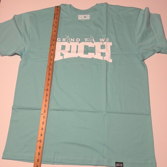 NWOT Men's "Grind Til We Rich" Aqua Blue Tee Size XL (G3) - Picture 2 of 5
